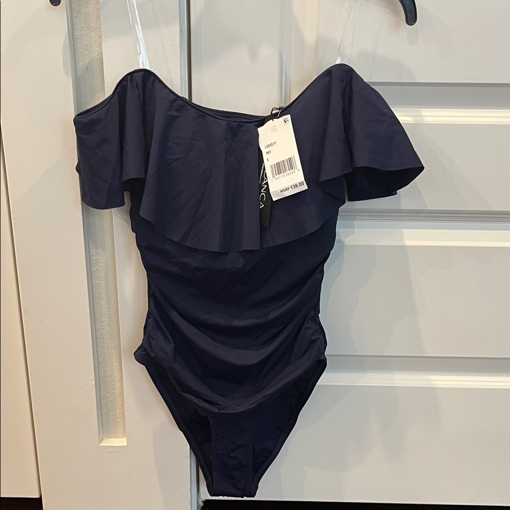 la blanca womens island goddess off shoulder ruffle one piece swimsuit indigo
